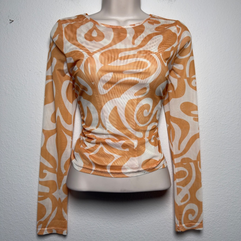 Find Me Now Women Mesh Long Sleeve Top Medium‎ Orange Swirl Abstract Psychedelic